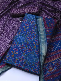 MEENA BAZAAR - Printed Art Silk Blue Unstitched Dress Material with Dupatta