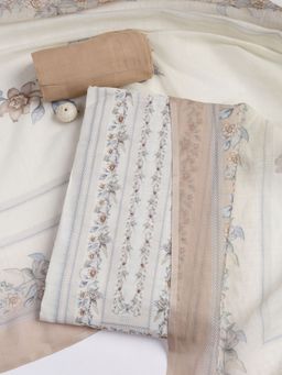 MEENA BAZAAR - Printed Linen Beige Unstitched Dress Material with Dupatta