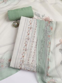 MEENA BAZAAR - Printed Linen Green Unstitched Dress Material with Dupatta