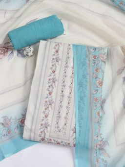 MEENA BAZAAR - Printed Linen Blue Unstitched Dress Material with Dupatta
