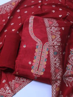 MEENA BAZAAR - Neck Woven Chanderi Maroon Unstitched Dress Material with Dupatta