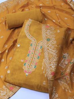 MEENA BAZAAR - Neck Woven Chanderi Mustard Unstitched Dress Material with Dupatta