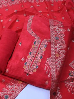 MEENA BAZAAR - Neck Woven Chanderi Pink Unstitched Dress Material with Dupatta