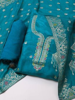 MEENA BAZAAR - Neck Woven Chanderi Blue Unstitched Dress Material with Dupatta