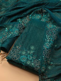 MEENA BAZAAR - Embroidered Chinon Green Unstitched Dress Material with Dupatta