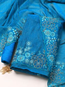 MEENA BAZAAR - Embroidered Chinon Blue Unstitched Dress Material with Dupatta