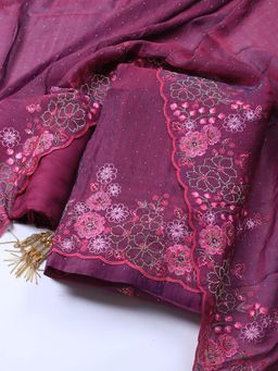 MEENA BAZAAR - Embroidered Chinon Purple Unstitched Dress Material with Dupatta