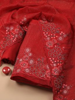 MEENA BAZAAR - Embroidered Chinon Red Unstitched Dress Material with Dupatta