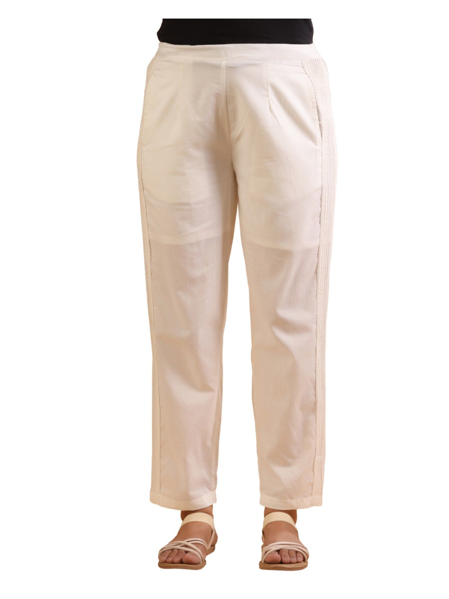 savi Off White Cotton Solid Pintuck Detailed Straight Pant-picture-12