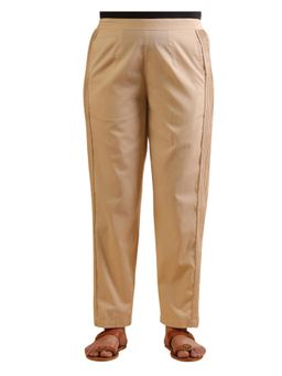 SAVI - Beige Cotton Solid Pintuck Detailed Straight Pant