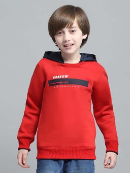 Monte Carlo - Boys Printed Red Hooded Neck Full Sleeve Hoodie