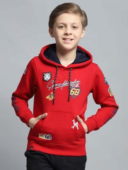 Monte Carlo - Boys Printed Red Hooded Neck Full Sleeve Hoodie