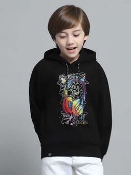 Monte Carlo - Boys Printed Black Hooded Neck Full Sleeve Hoodie