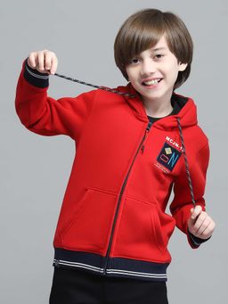 Monte Carlo - Boys Printed Red Hooded Neck Full Sleeve Hoodie