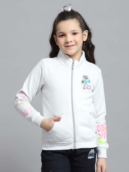 Monte Carlo - Girls Printed Off White High Neck Full Sleeve Jacket