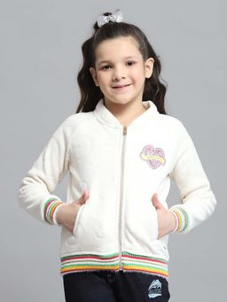 Monte Carlo - Girls Self Design Off White High Neck Full Sleeve Jacket