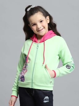 Monte Carlo - Girls Printed Green Hooded Neck Full Sleeve Hoodie