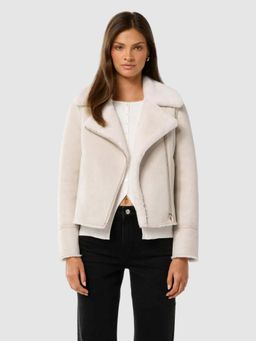 Forever New - Off White Penny Faux Fur Notched Lapel Collar Zipper Jacket