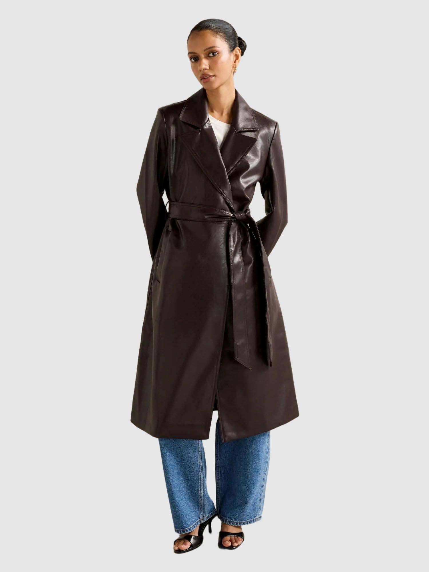 forever new Brown Gabbi Petite Vegan Leather Trench Coat with Belt-picture-17