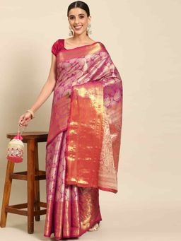Silk Land - Womens Brocade Soft Silk Pink Zari Woven Saree with Unstitched Blouse