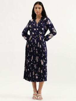 United Colors of Benetton - Women's Navy Blue Collar Neck Floral Print Dress