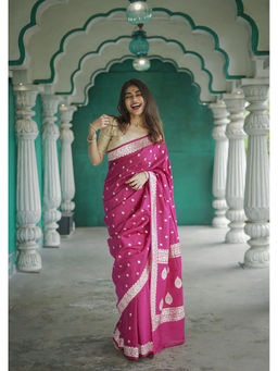 Anjaneya Sarees - Pink Woven Banarasi Silk Kanjivaram Saree with Unstitched Blouse