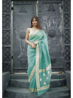 Anjaneya Sarees - Teal Woven Banarasi Silk Kanjivaram Saree with Unstitched Blouse