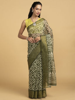 SAAKI - Divine Drapes Green Ikat Design Saree Without Blouse