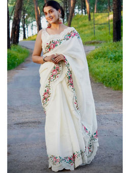 SGF11 - White Embroidery Work Saree with Unstitched Blouse