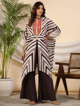 Juniper - Brown Cotton Printed Kaftan with Front Zipper Closure & Lace Detailing