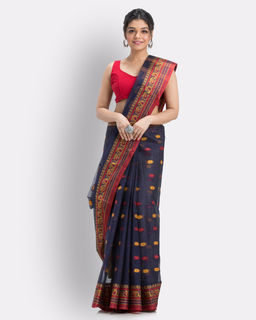 Angoshobha - Woven Self Design Bengal Cotton Navy blue tangail Tant Saree