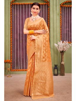 Sangam Prints - Orange Linen Woven Zari Work Traditional Saree with Unstitched Blouse