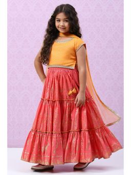 Biba - Orange Printed Lehenga (Set of 3)