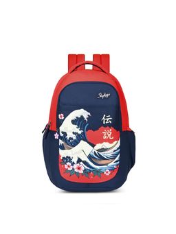 Skybags - Unisex Kenshi Great Wave Navy Blue-Red Graphic Printed Backpack (13-14 Years)