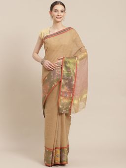 ISHIN - Womens Cotton Blend Beige Solid Woven Pochampally Saree with Unstitched Blouse