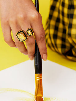 Isharya - Soleil Black Enamel Two Stone Ring In 18K Gold Plated
