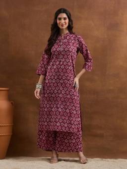 Divena - Women Wine Floral Cotton Kurta with Pant