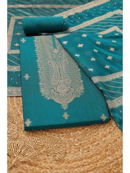 Soch - Women Blue Printed Poly Silk Unstitched Top and Unstitched Bottom with Dupatta