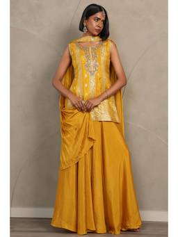 Soch - Women Mustard Woven Brocade Kurta, Unstitched Sleeves and Palazzo with Dupatta