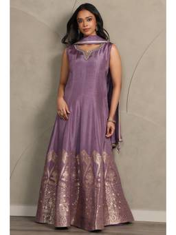 Soch - Women Purple Embellished/Sequined Silk Blend Gown and Unstitched Sleeves with Dupatta
