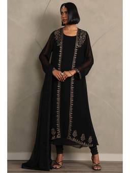 Soch - Women Black Embroidered Georgette Kurta, Churidar and Dupatta with Jacket