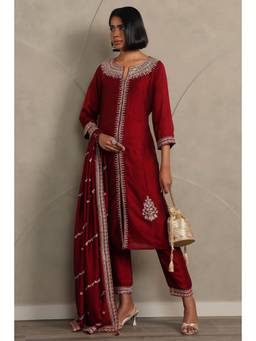 Soch - Women Maroon Embellished/Sequined Art Silk Kurta and Pant with Dupatta