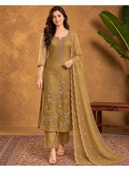 Seerat - Women Gold Embroidered Poly Silk Kurta and Pant with Dupatta