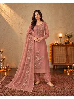 Seerat - Women Rose Gold Embroidered Poly Silk Kurta and Pant with Dupatta