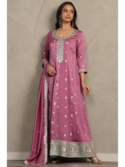 Soch - Women Pink Embellished/Sequined Art Silk Gown with Dupatta