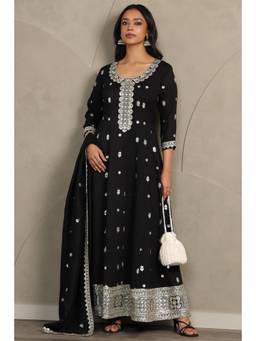 Soch - Women Black Embellished/Sequined Art Silk Gown with Dupatta
