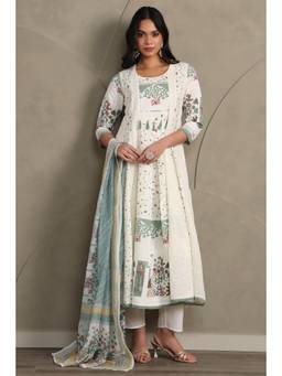 Soch - Women Cream Printed Muslin Kurta and Pant with Dupatta