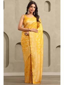 Soch - Women Yellow Printed Silk Blend Saree with Unstitched Blouse