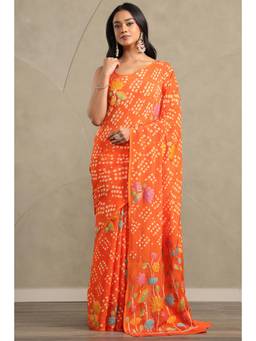 Soch - Women Orange Printed Chinon Saree with Unstitched Blouse