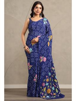 Soch - Women Navy Blue Printed Chinon Saree with Unstitched Blouse
